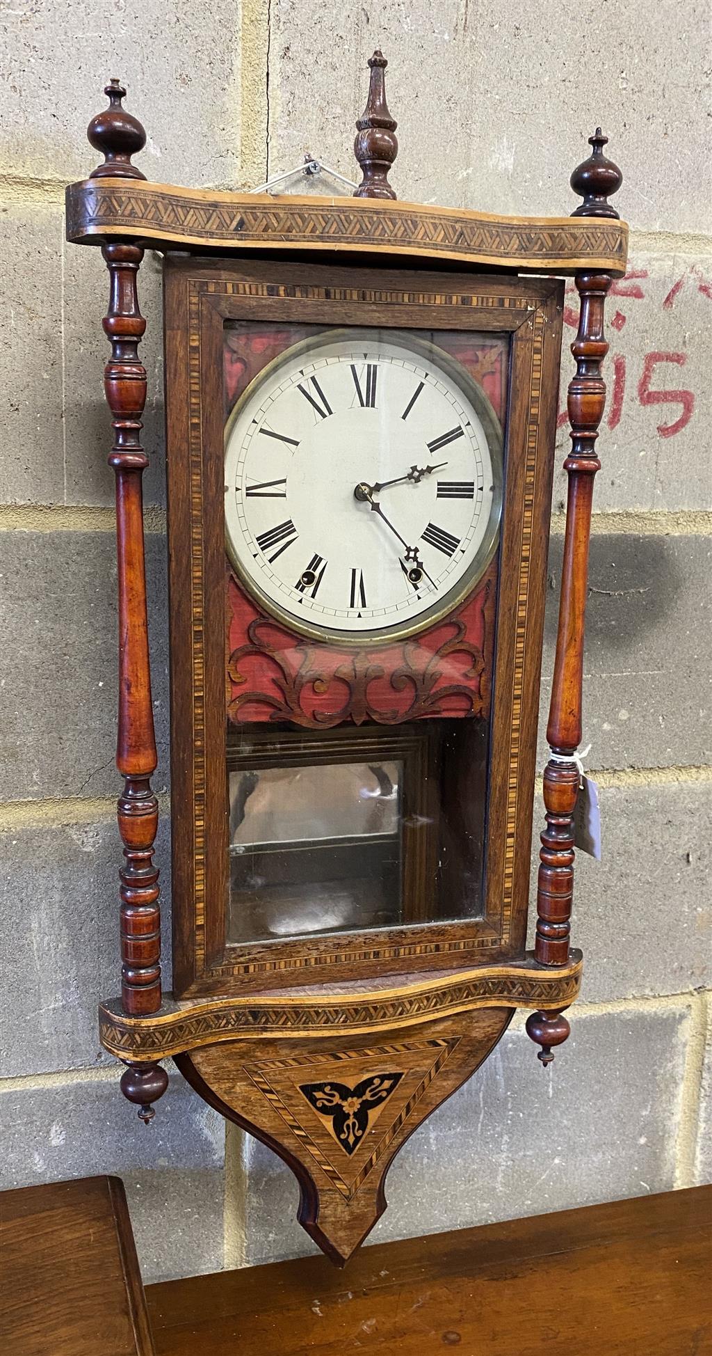 A 19th century American drop dial wall clock, width 40cm, height 90cm